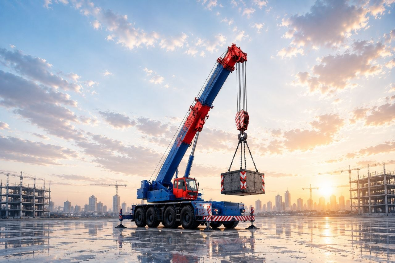Heavy transport truck with crane at sunset port